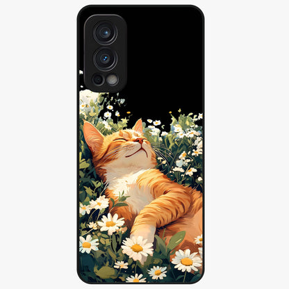 Blissful Bloom Cat Glass Case showing flat back view with cute cat and floral bloom artwork and glossy glass finish.