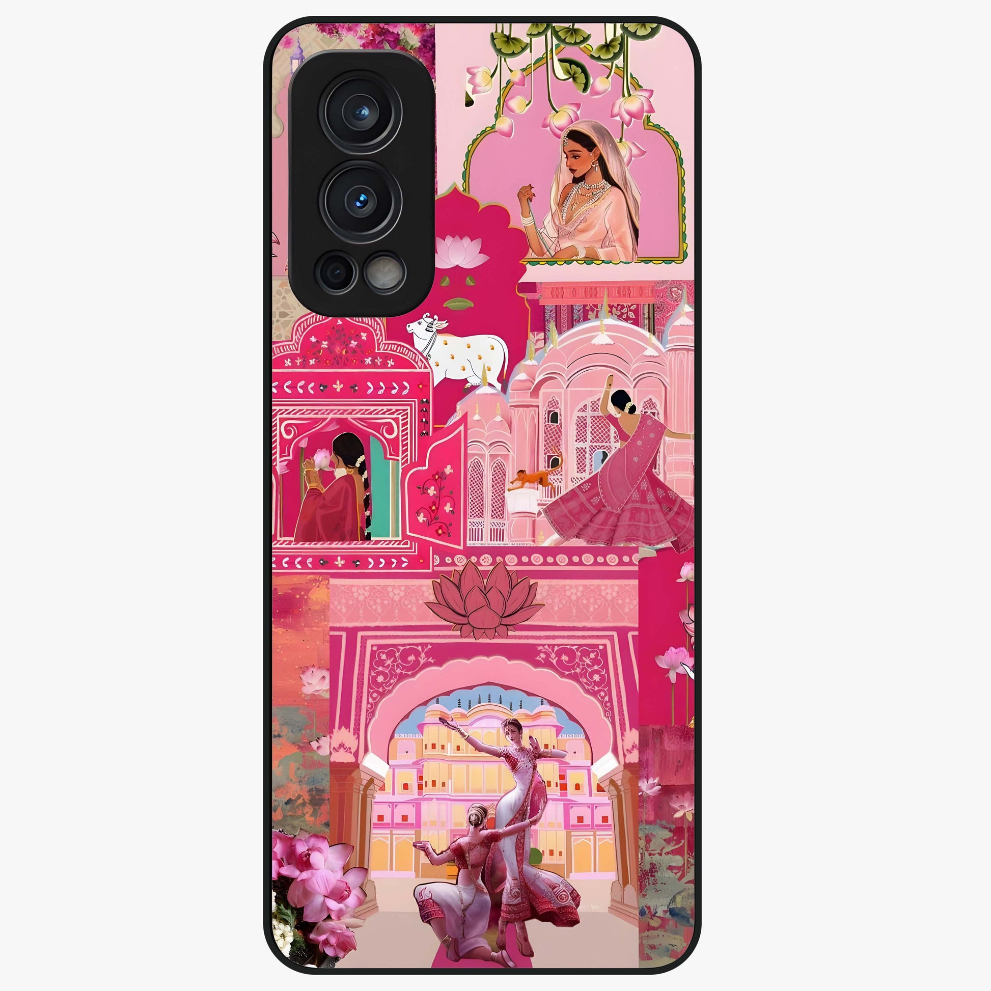 Blossoms of Rajasthan Glass Case showing flat back view with traditional floral artwork inspired by Rajasthan and glossy glass finish.