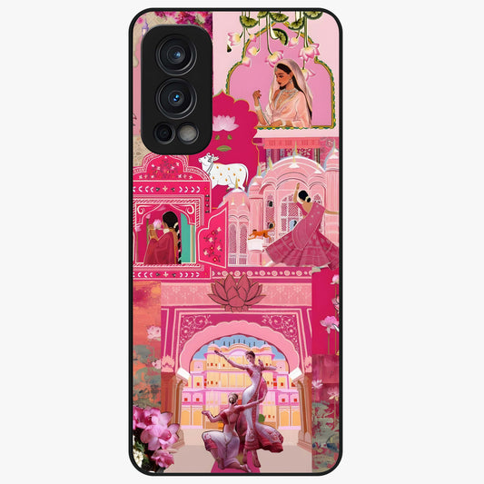 Blossoms of Rajasthan Glass Case showing flat back view with traditional floral artwork inspired by Rajasthan and glossy glass finish.