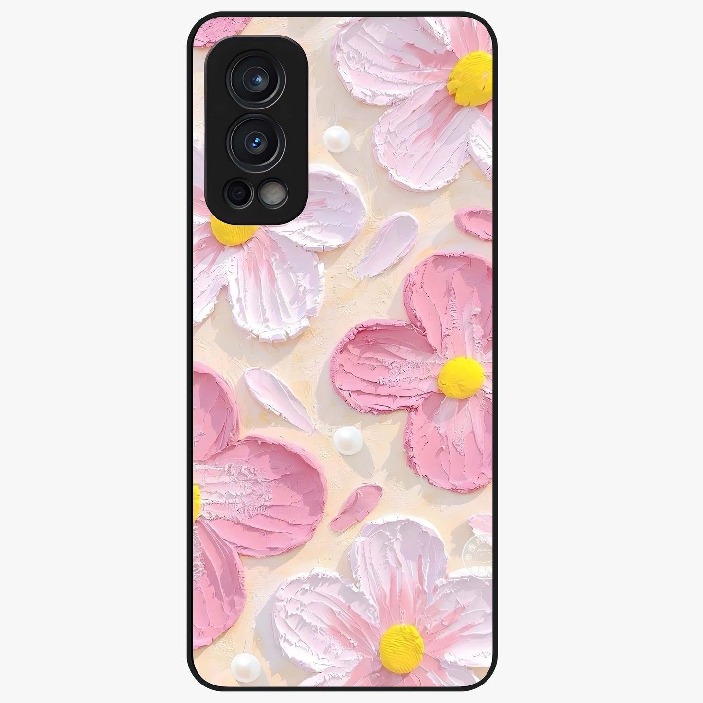 Blush Bloom Texture Glass Case showing flat back view with soft blush floral texture artwork and glossy glass finish.