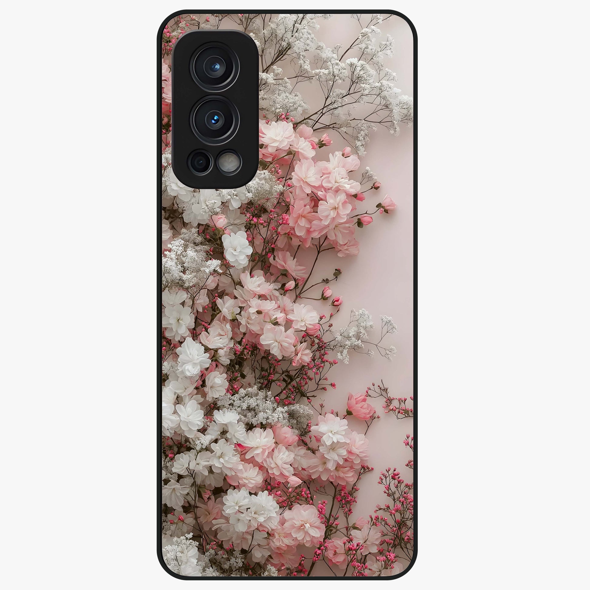 Blush Blossom Cloud Glass Case showing flat back view with dreamy blush cloud blossom artwork and glossy glass finish.