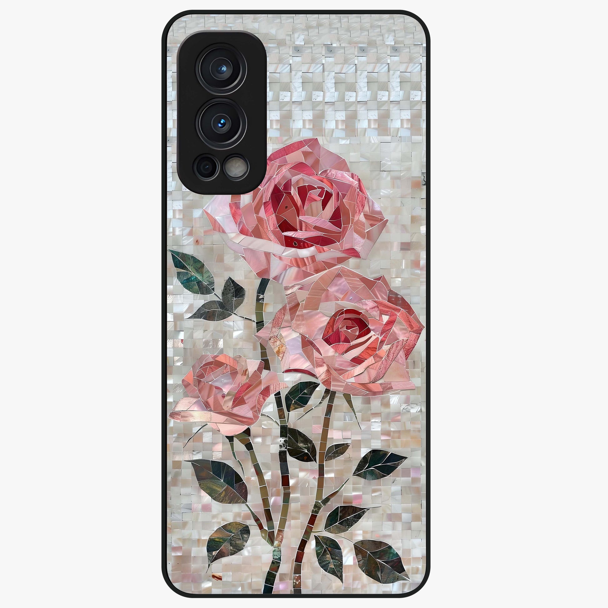 Blush Mosaic Bloom Glass Case showing flat back view with mosaic floral bloom artwork and glossy glass finish.