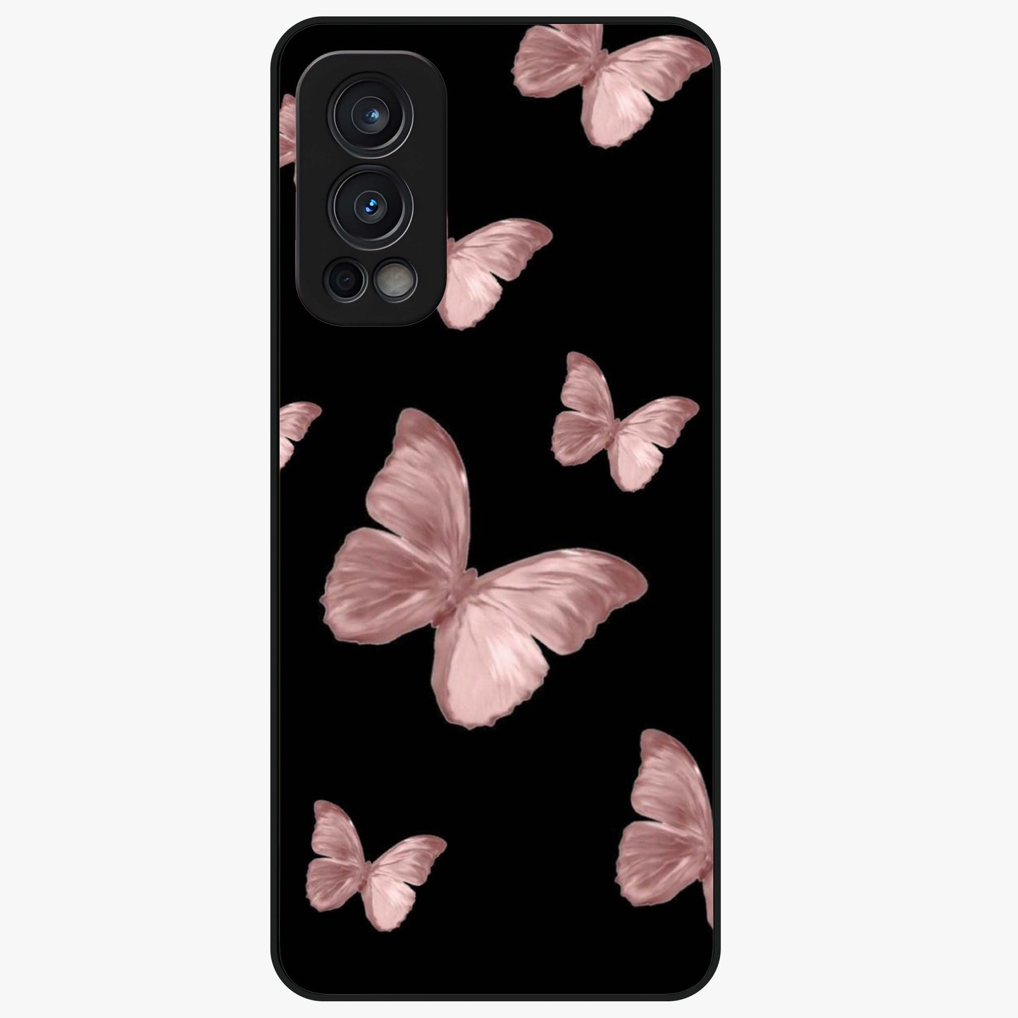 Butterfly Pattern Glass Case showing flat back view with elegant butterfly pattern artwork and glossy glass finish.