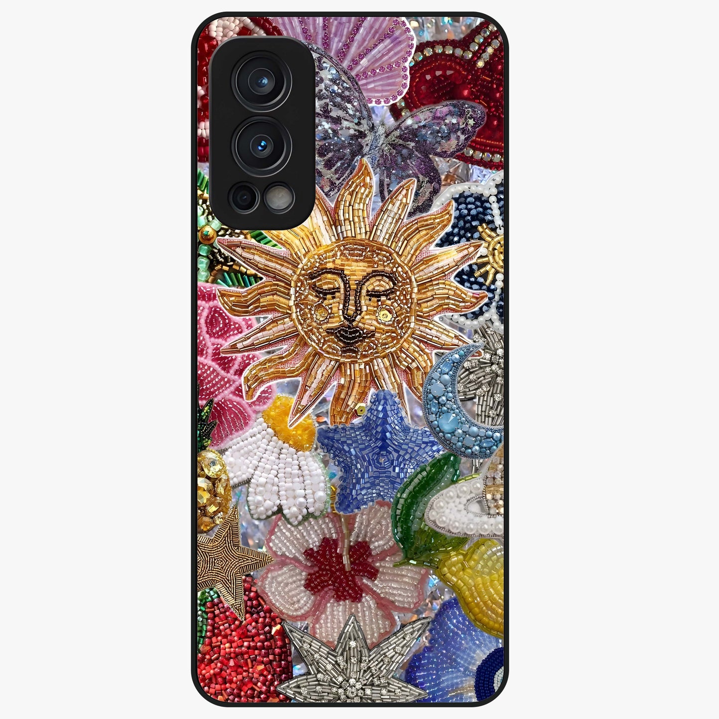 Celestial Floral and Playful Glass Case showing flat back view with floral and celestial themed artwork and glossy glass finish.