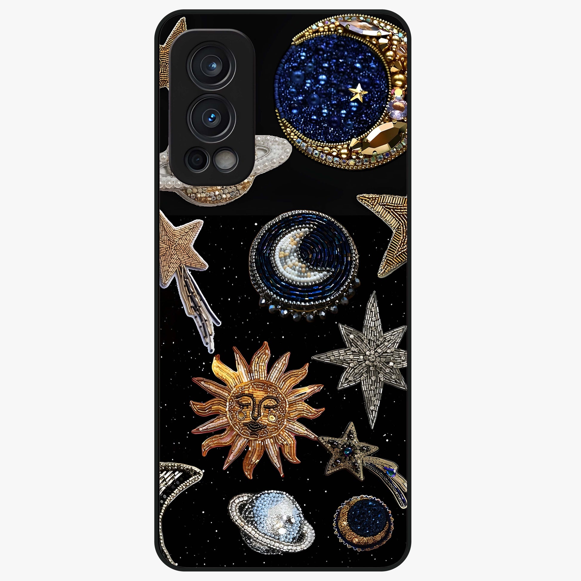 Celestial Gem Constellations Glass Case showing flat back view with sparkling constellation artwork and glossy glass finish.