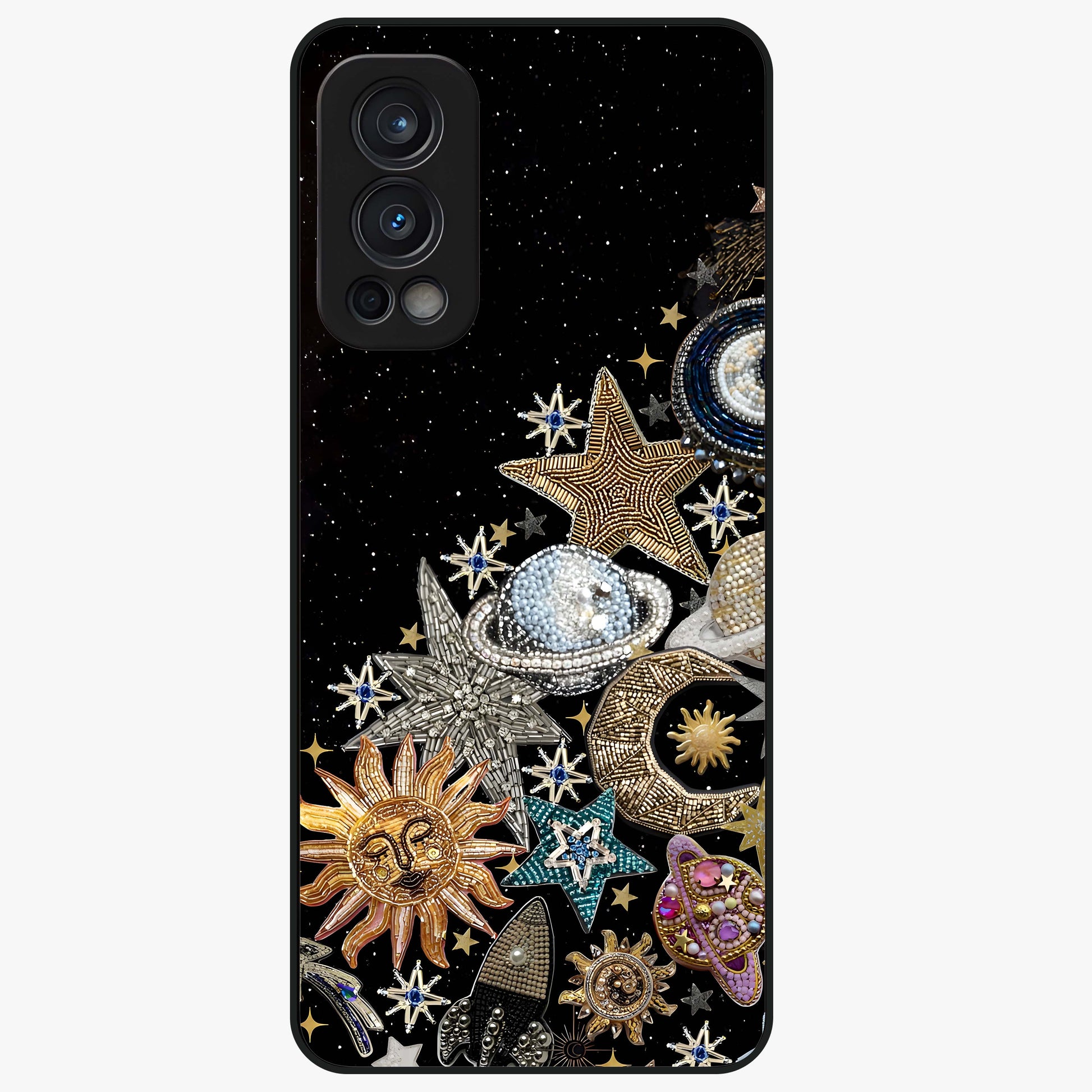 Cosmic Sparkle Dreams Glass Case showing flat back view with sparkling cosmic artwork and glossy glass finish.