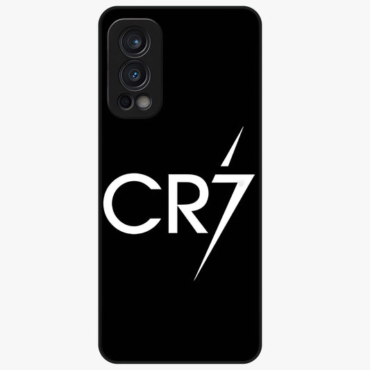 Cr7 Elite Strike Glass Case showing flat back view with dynamic football inspired artwork and glossy glass finish.