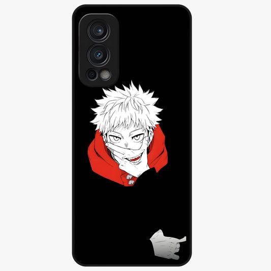 Crimson Chaos Smile Glass Case showing flat back view with bold chaotic smile artwork and glossy glass finish.