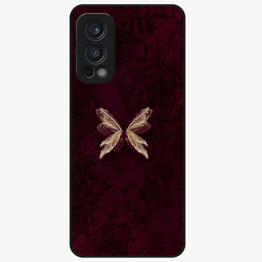 Crimson Fade Butterfly Glass Case showing flat back view with fading butterfly artwork and glossy glass finish.