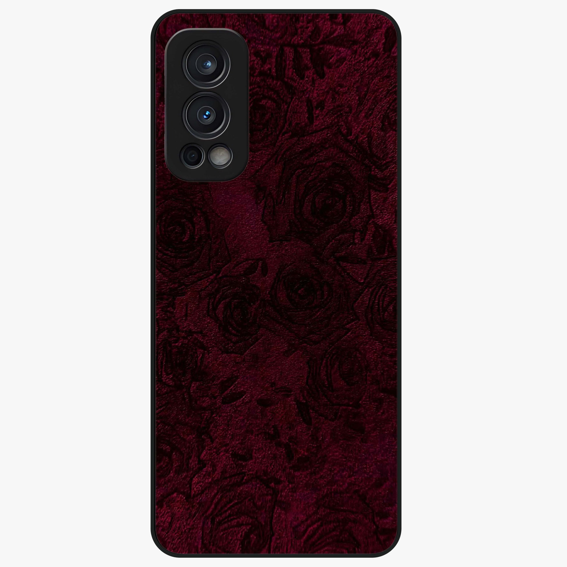 Crimson Fade Flow Glass Case showing flat back view with flowing crimson gradient artwork and glossy glass finish.