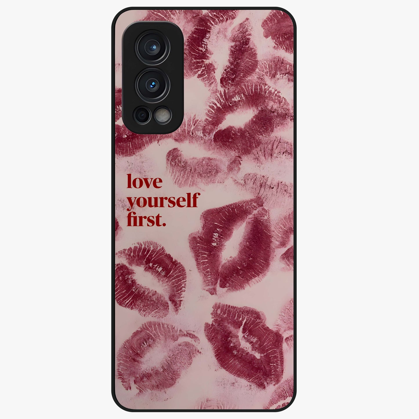 Crimson Kiss Love Glass Case showing flat back view with romantic crimson themed artwork and glossy glass finish.