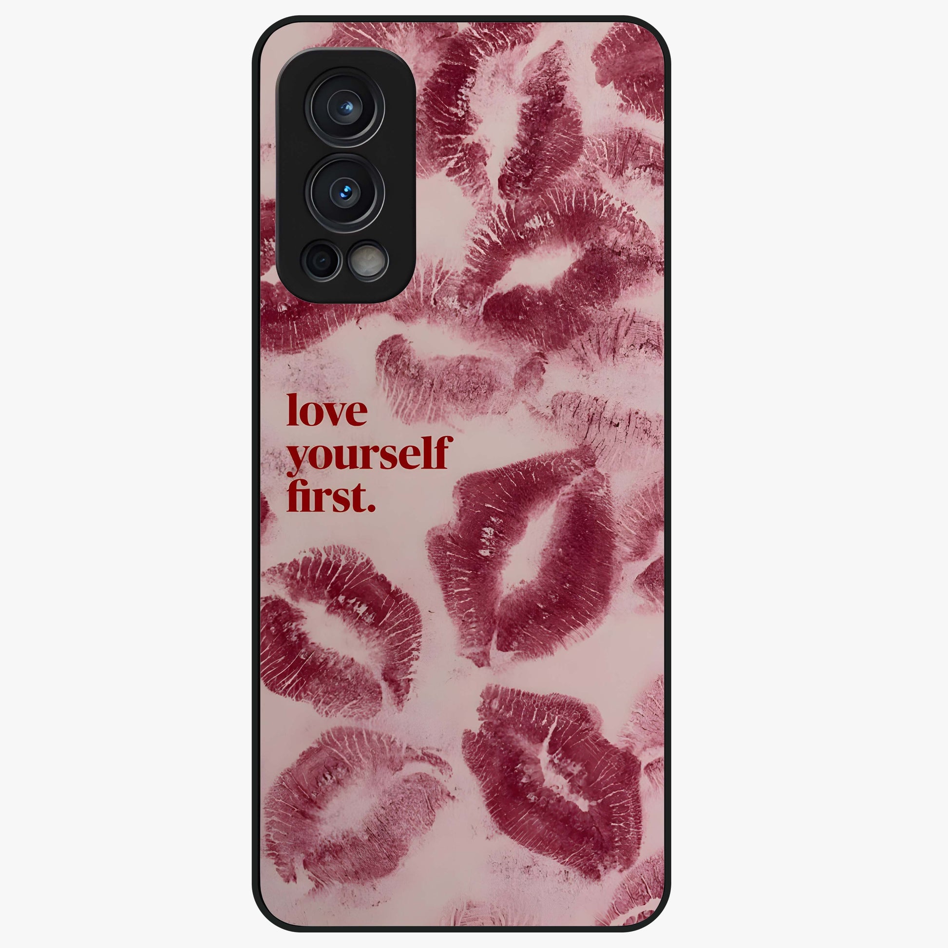 Crimson Kiss Love Glass Case showing flat back view with romantic crimson themed artwork and glossy glass finish.