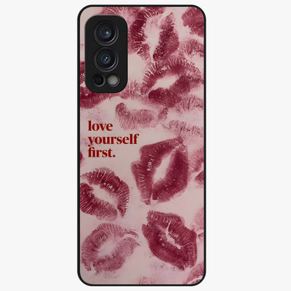 Crimson Kiss Love Glass Case showing flat back view with romantic crimson themed artwork and glossy glass finish.