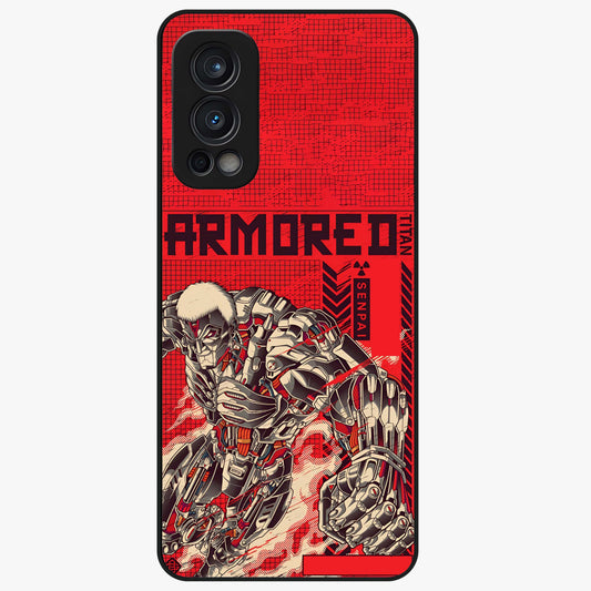 Crimson Mecha Titan Glass Case showing flat back view with powerful mech titan artwork and glossy glass finish.