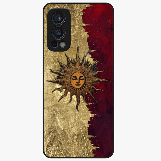 Crimson Sun Majesty Glass Case showing flat back view with radiant sun inspired artwork and glossy glass finish.