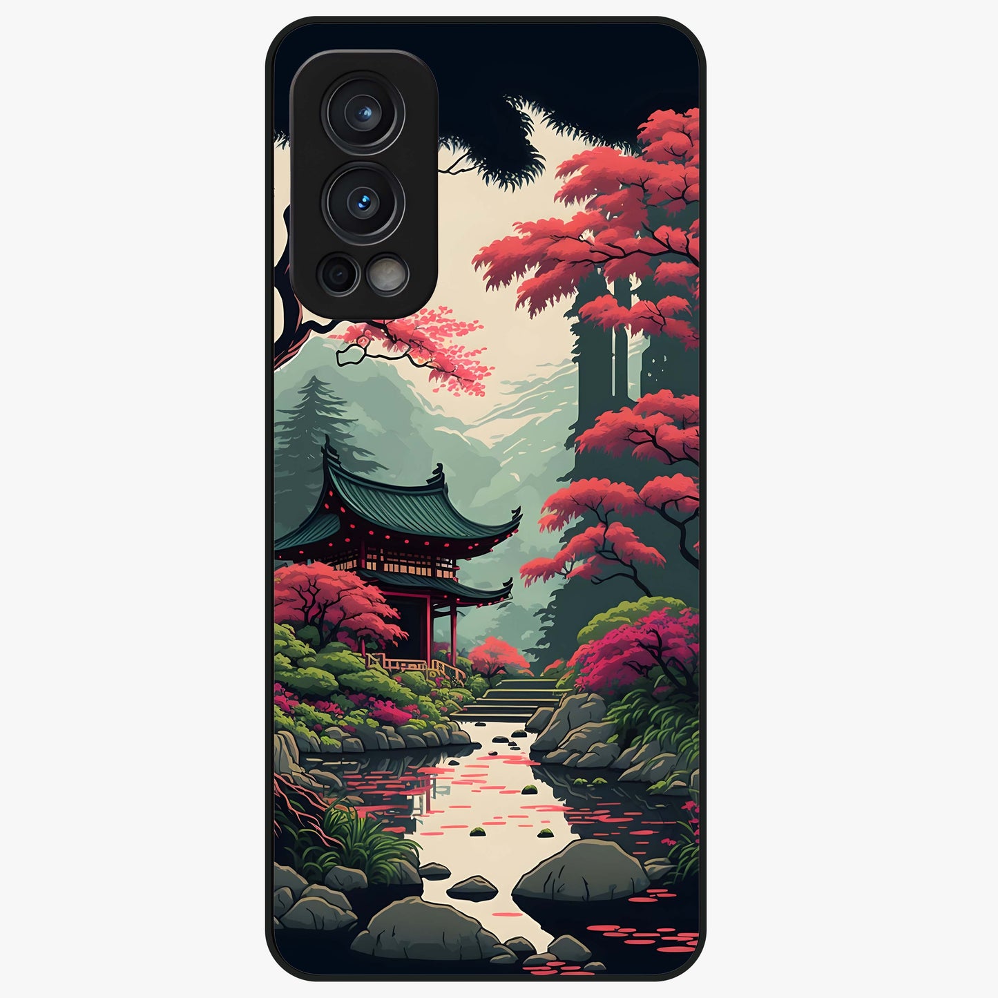 Crimson Temple View Glass Case showing flat back view with temple inspired artwork and glossy glass finish.