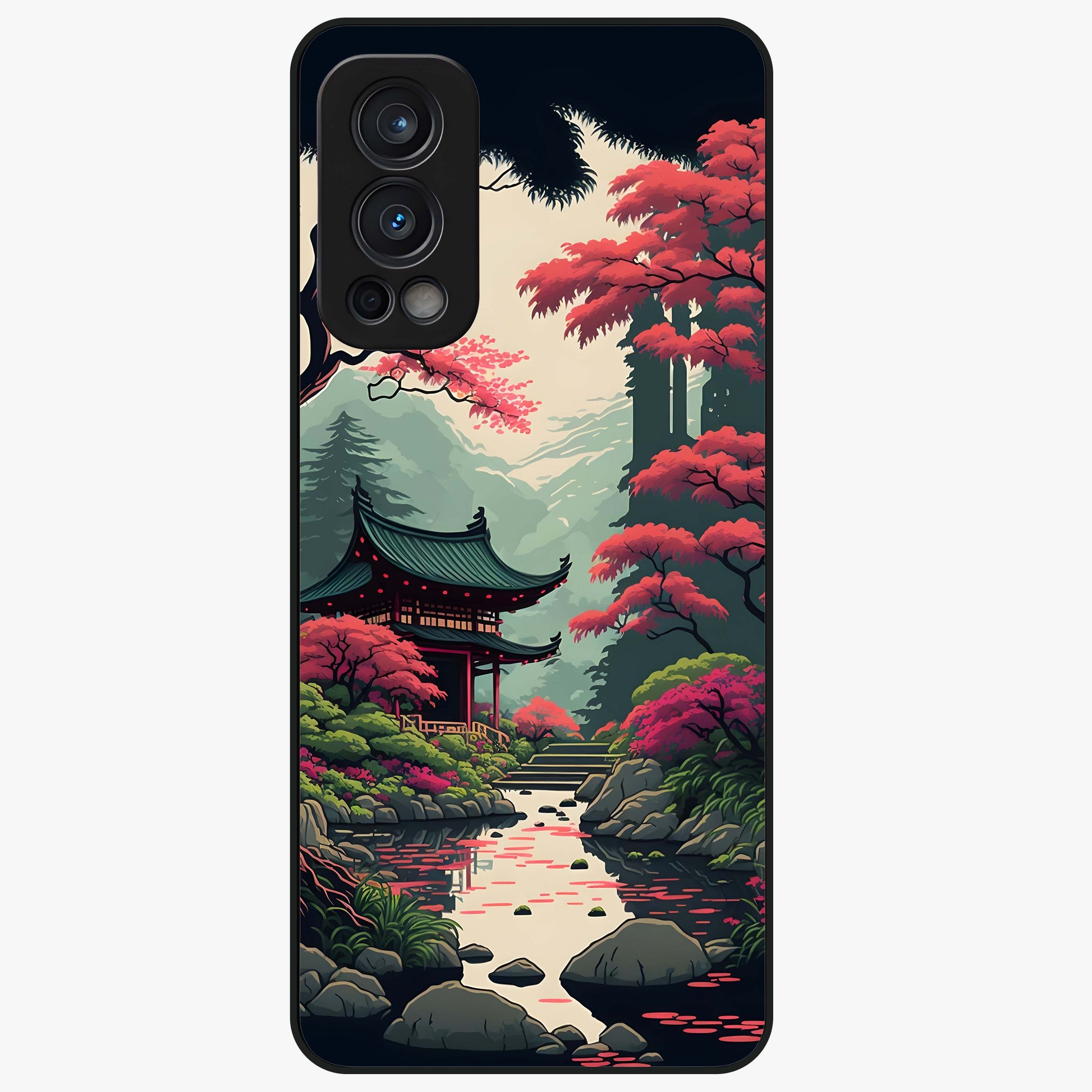 Crimson Temple View Glass Case showing flat back view with temple inspired artwork and glossy glass finish.