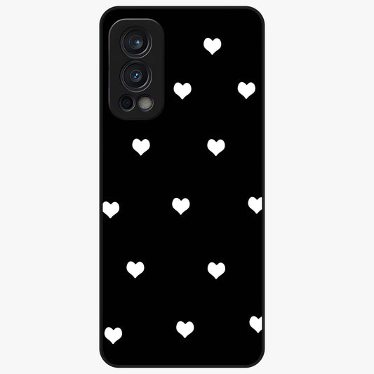 Cute And Simple White Hearts Glass Case showing flat back view with minimal white heart pattern and glossy glass finish.