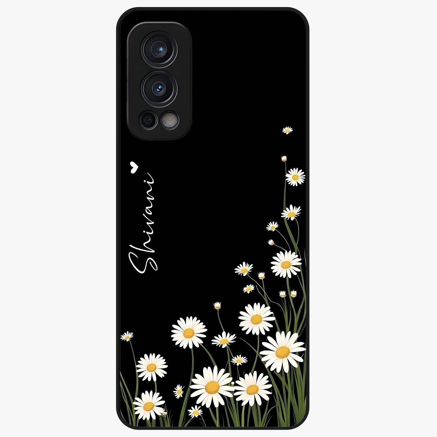 Daisy Cascade Custom Name Glass Case showing flat back view with cascading daisy flowers and personalized name design.