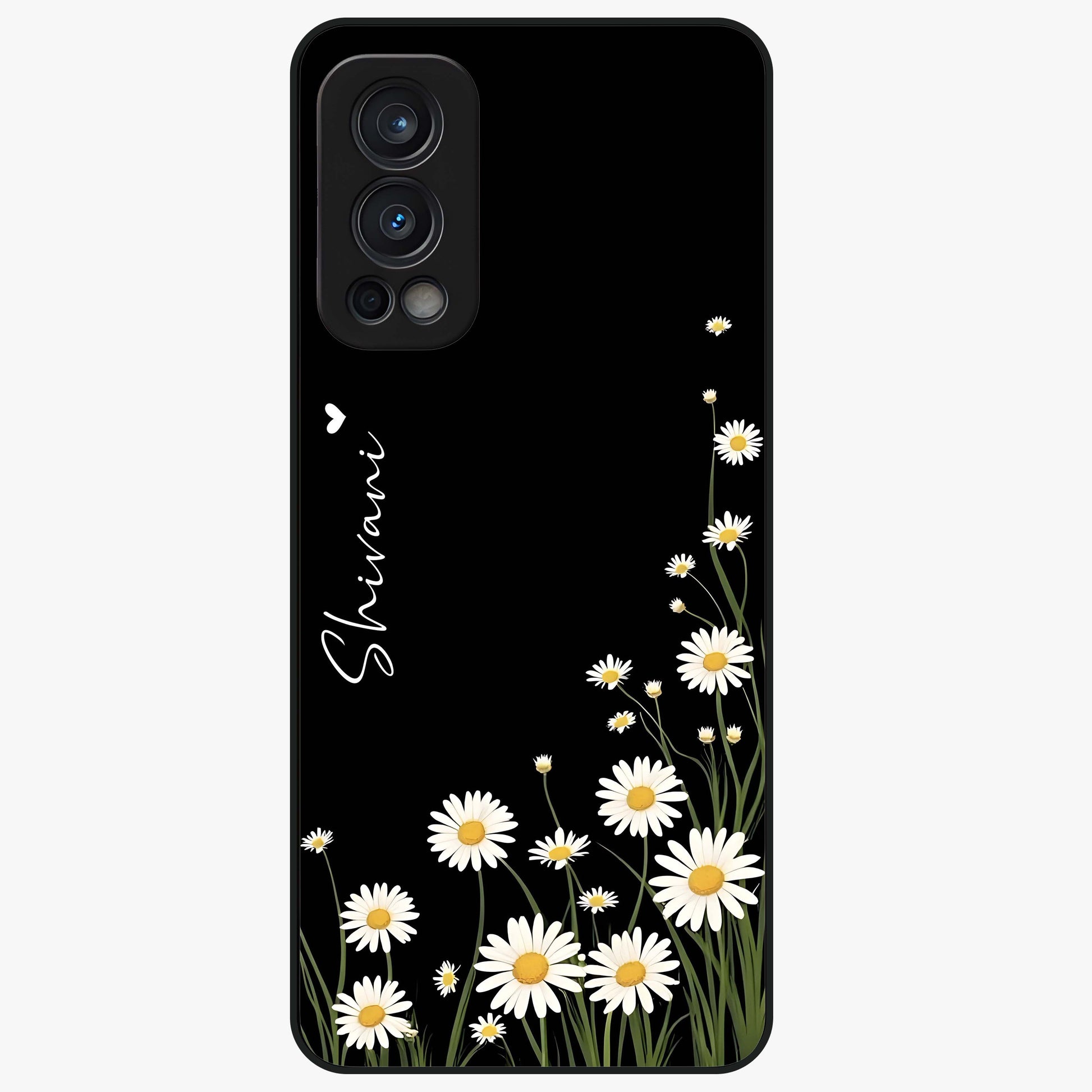 Daisy Cascade Custom Name Glass Case showing flat back view with cascading daisy flowers and personalized name design.