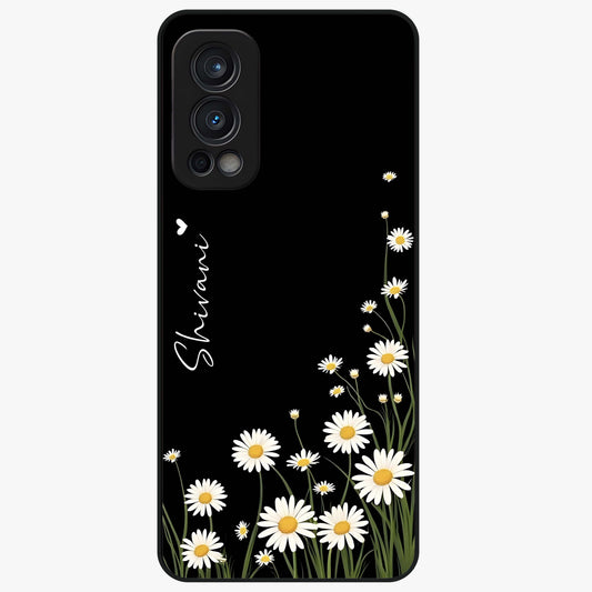 Daisy Cascade Custom Name Glass Case showing flat back view with cascading daisy flowers and personalized name design.