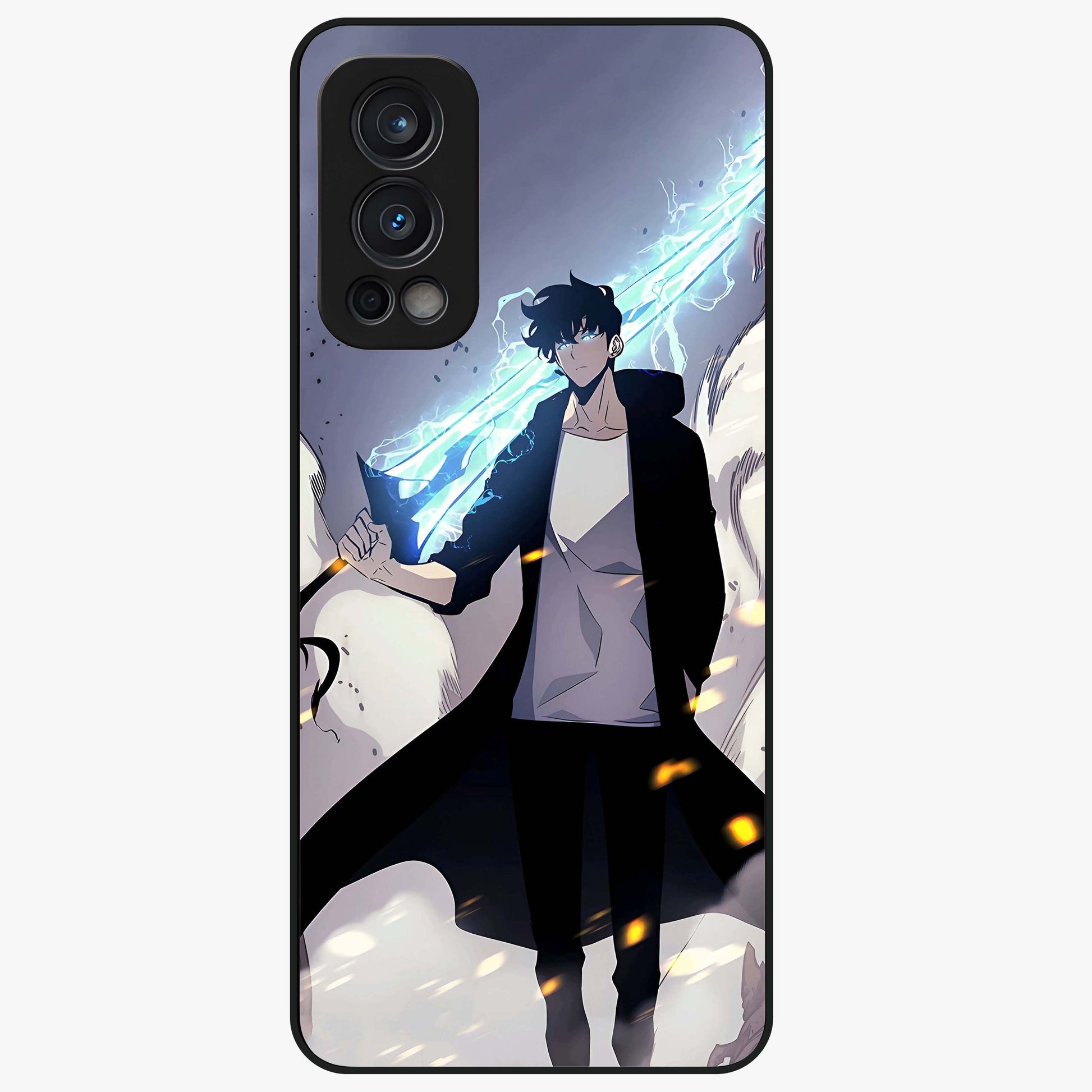 Dark Lightning Anime Warrior Glass Case showing flat back view with intense anime warrior artwork and glossy glass finish.