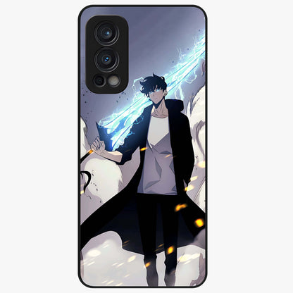 Dark Lightning Anime Warrior Glass Case showing flat back view with intense anime warrior artwork and glossy glass finish.