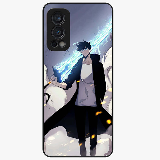 Dark Lightning Anime Warrior Glass Case showing flat back view with intense anime warrior artwork and glossy glass finish.