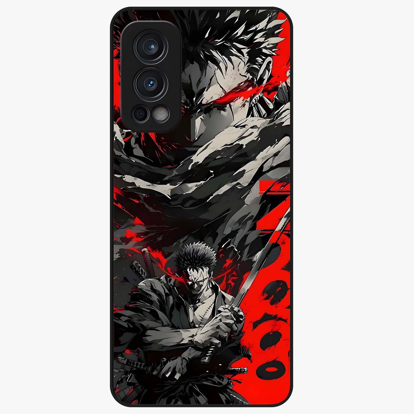 Demon Sword Resolve Glass Case showing flat back view with fierce sword warrior artwork and glossy glass finish.