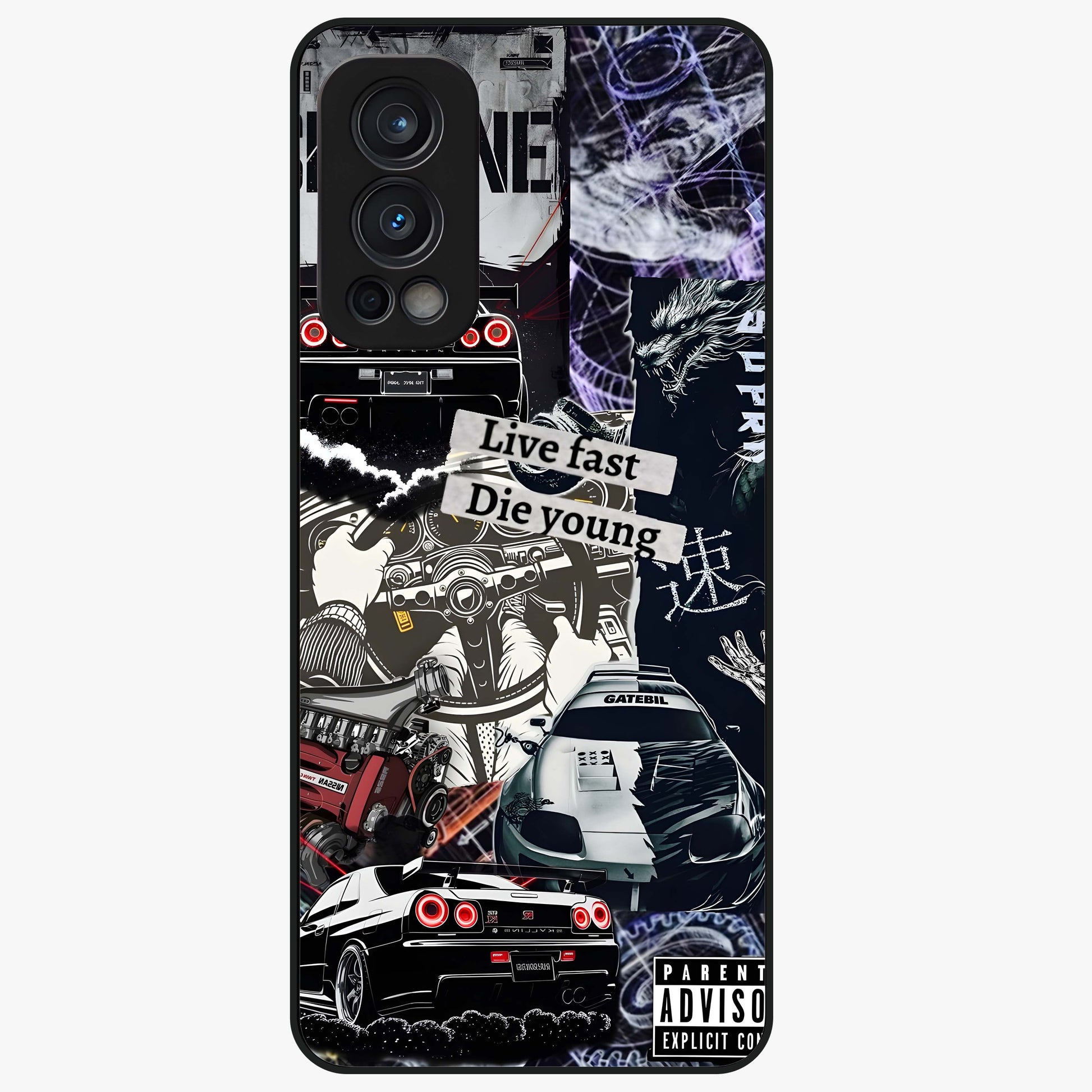 Die Young Glass Case showing flat back view with bold artistic typography design and glossy glass finish.