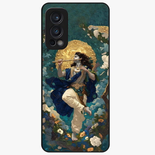 Divine Krishna Art Glass Case showing flat back view with Lord Krishna artwork and glossy glass finish.