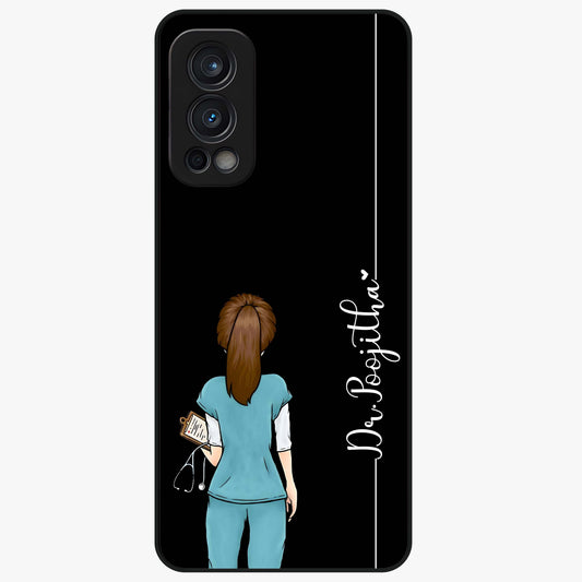 Doctor Pattern Custom Name Glass Case showing flat back view with medical themed pattern and personalized name design.