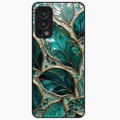 Emerald Leaf Glass Glass Case showing flat back view with emerald green leaf artwork and glossy glass finish.