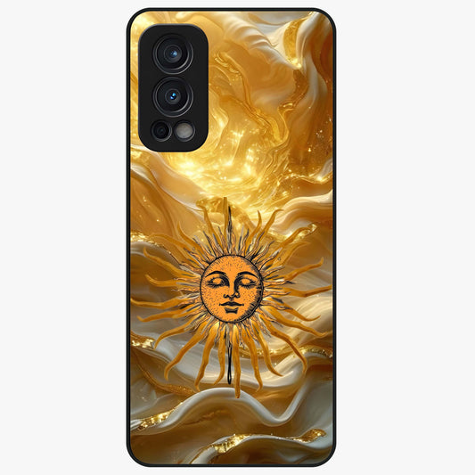 Eternal Golden Glow Glass Case showing flat back view with radiant golden themed artwork and glossy glass finish.