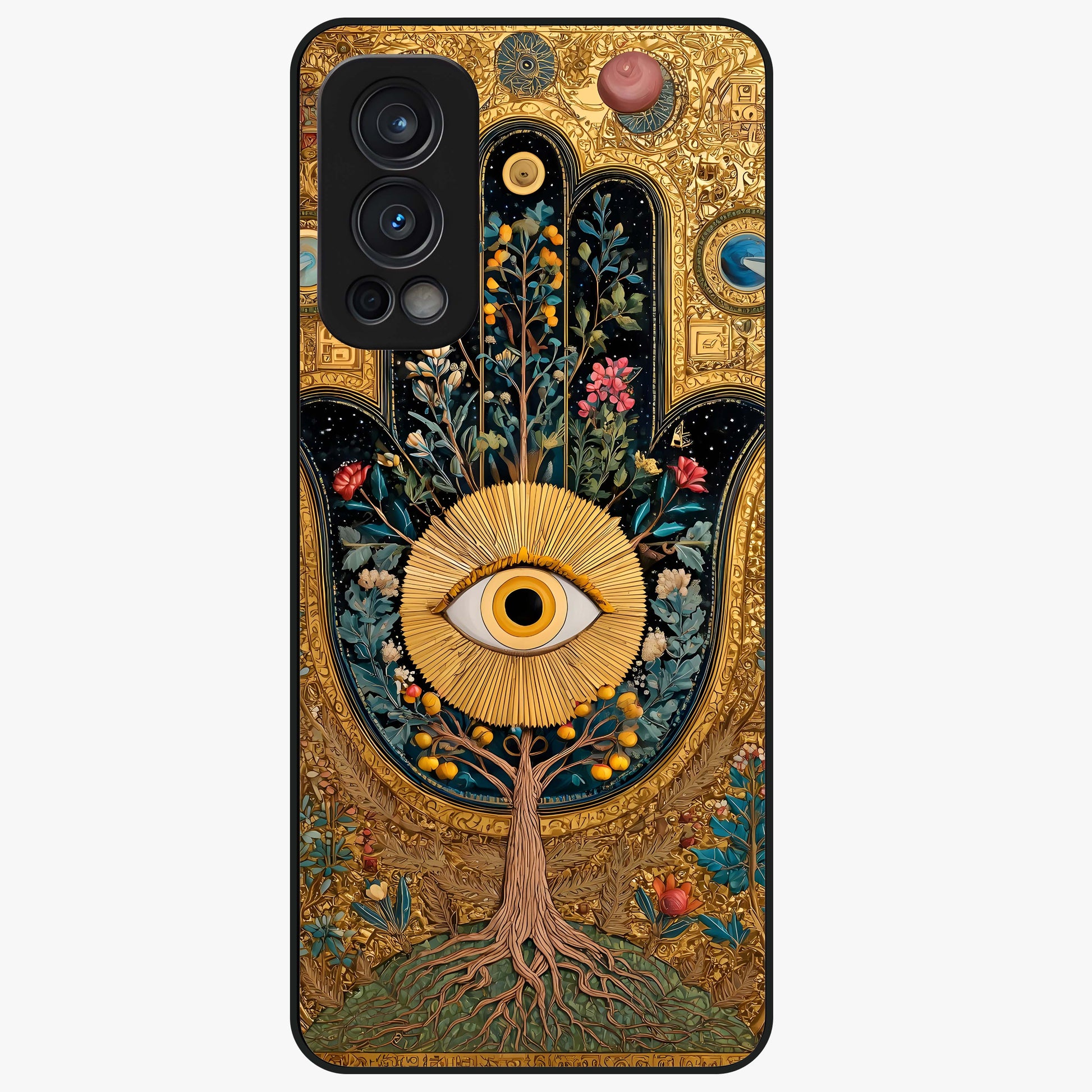 Ethereal Evil Eye Glass Case showing flat back view with mystical evil eye artwork and glossy glass finish.