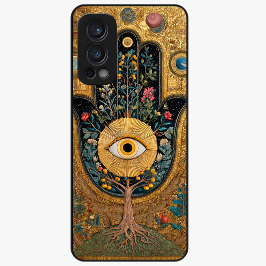Ethereal Evil Eye Glass Case showing flat back view with mystical evil eye artwork and glossy glass finish.