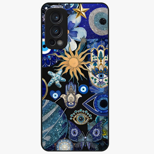 Evil Eye Charm Mix Glass Case showing flat back view with multiple evil eye charms artwork and glossy glass finish.