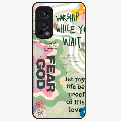 Faith Over Fear Glass Case showing flat back view with motivational typography artwork and glossy glass finish.