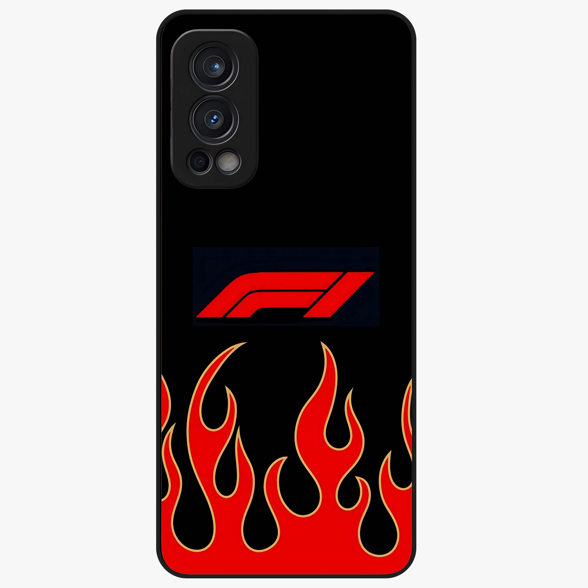 Fire F11 Glass Case showing flat back view with fiery themed artwork and glossy glass finish.