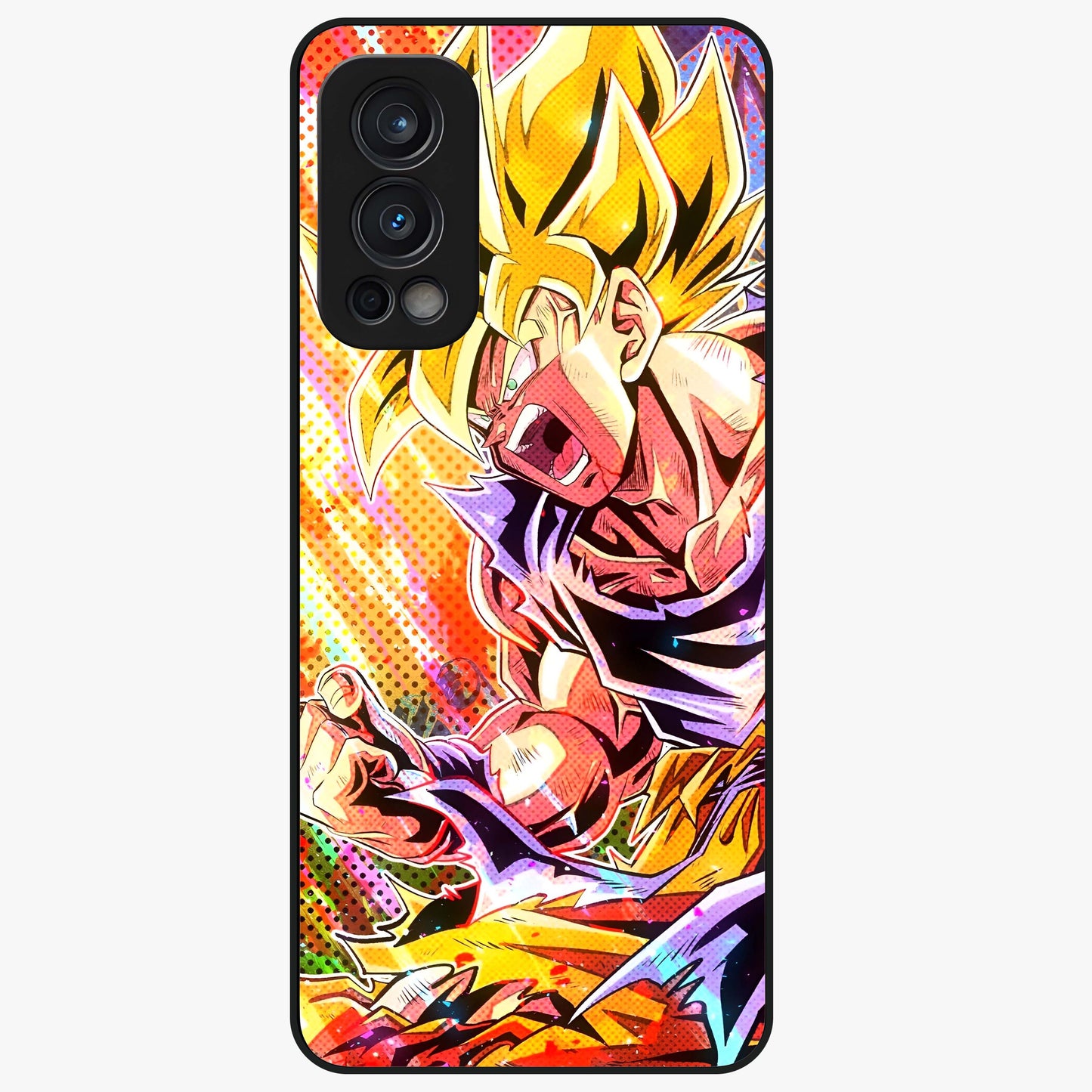Firing Goku Glass Case showing flat back view with powerful anime inspired artwork and glossy glass finish.