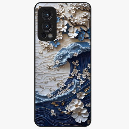 Floral Wave Origami Glass Case showing flat back view with origami inspired floral wave artwork and glossy glass finish.