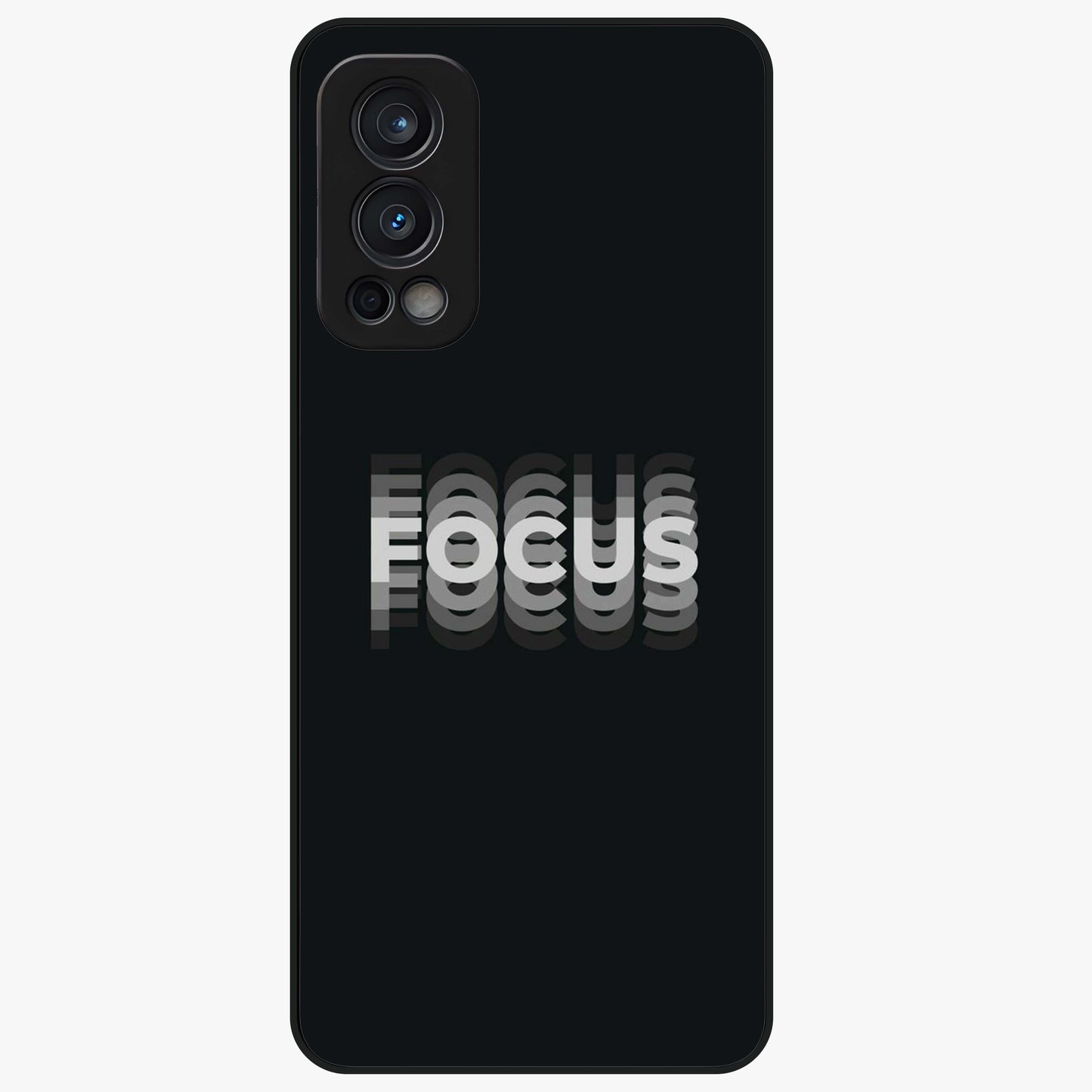 Focus Mode On Glass Case showing flat back view with bold motivational typography design and glossy glass finish.
