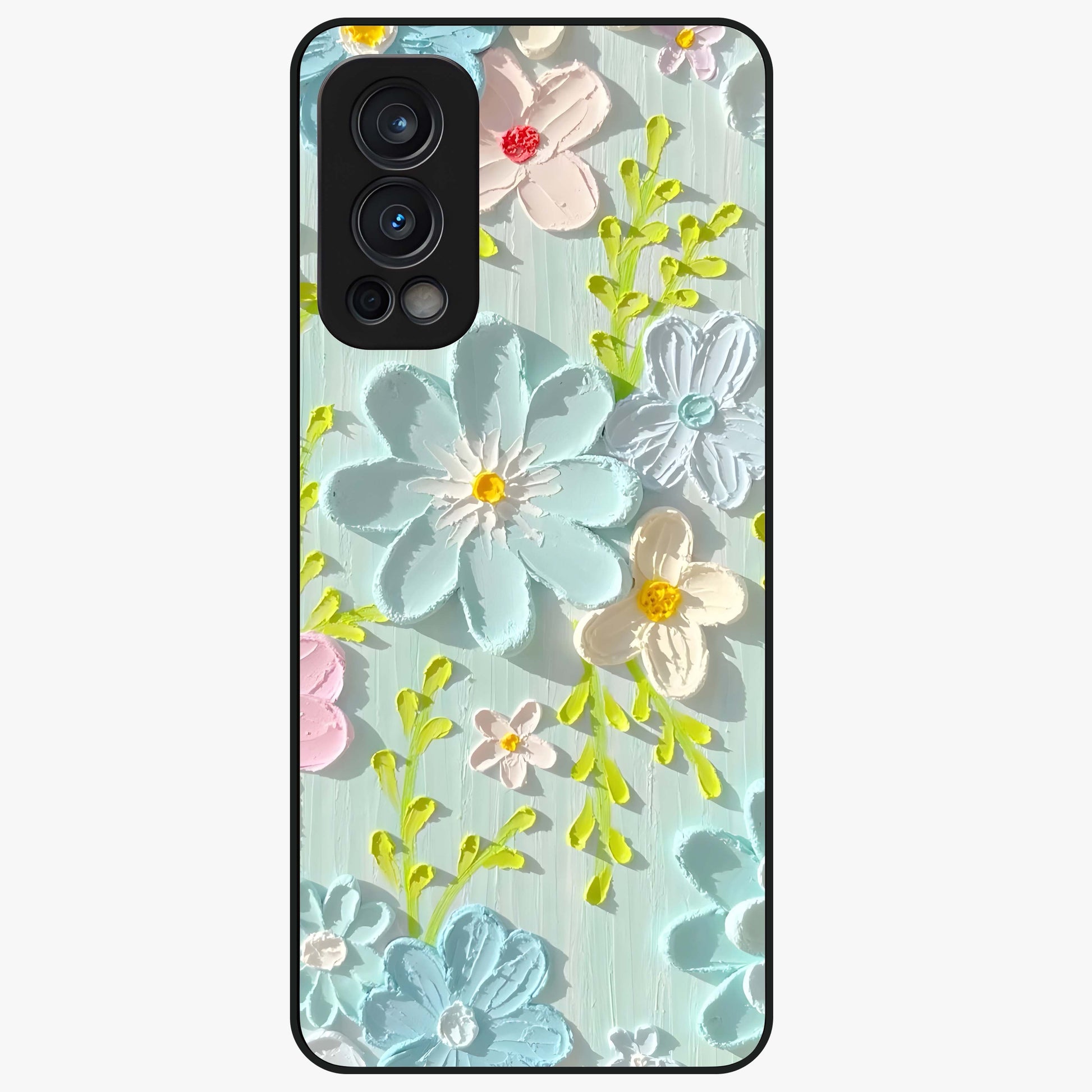 Frosted Petal Garden Glass Case showing flat back view with soft frosted floral artwork and glossy glass finish.