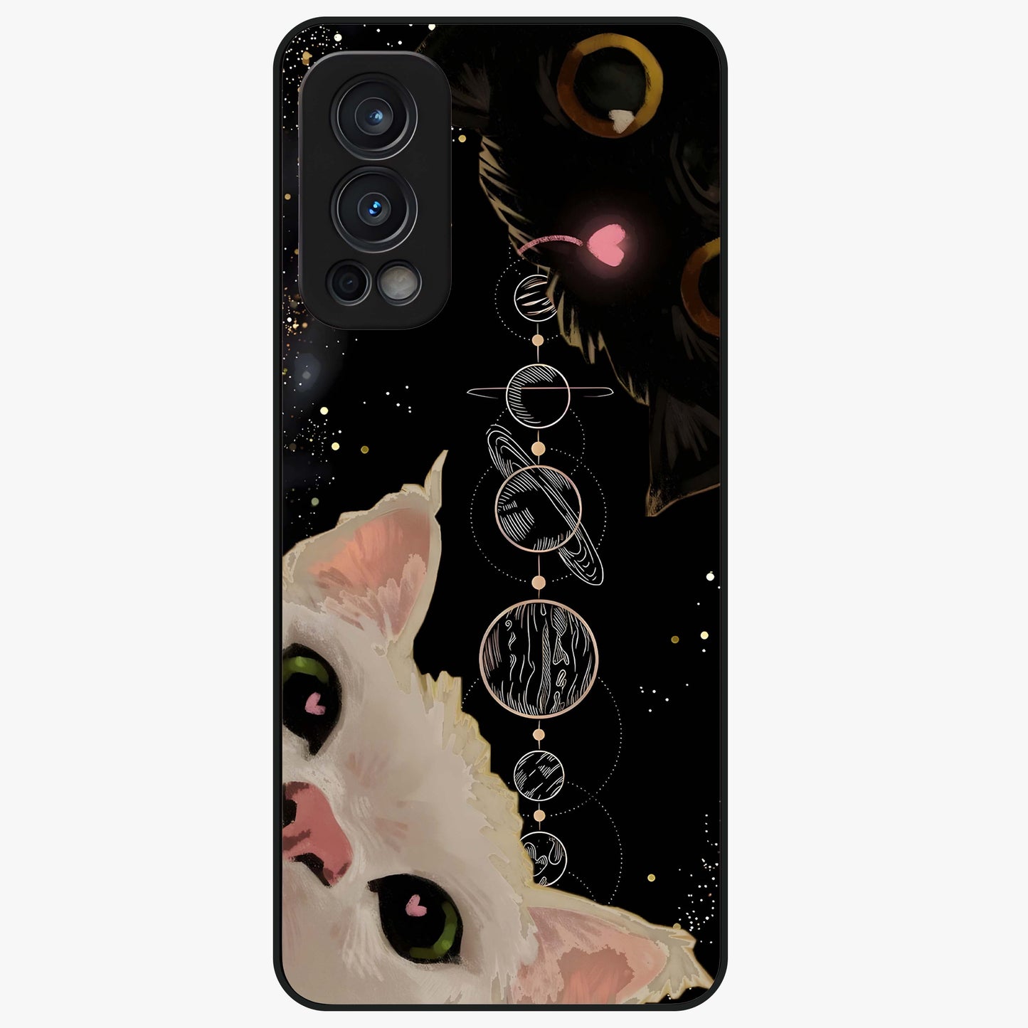 Galactic Cat Glass Case showing flat back view with cosmic cat artwork and glossy glass finish.