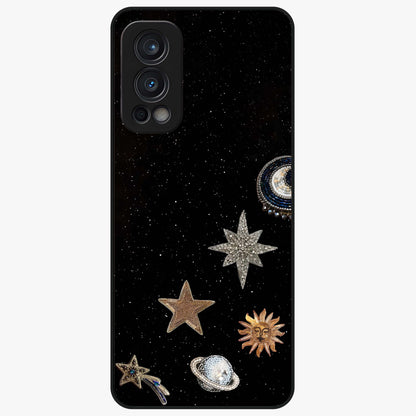 Galactic Charm Glow Glass Case showing flat back view with glowing celestial charm artwork and glossy glass finish.