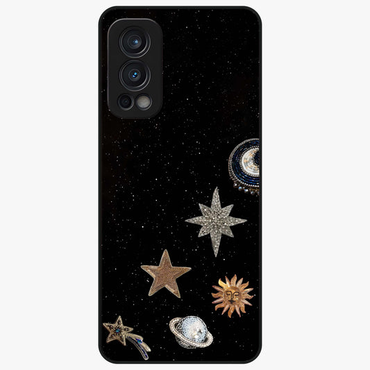 Galactic Charm Glow Glass Case showing flat back view with glowing celestial charm artwork and glossy glass finish.