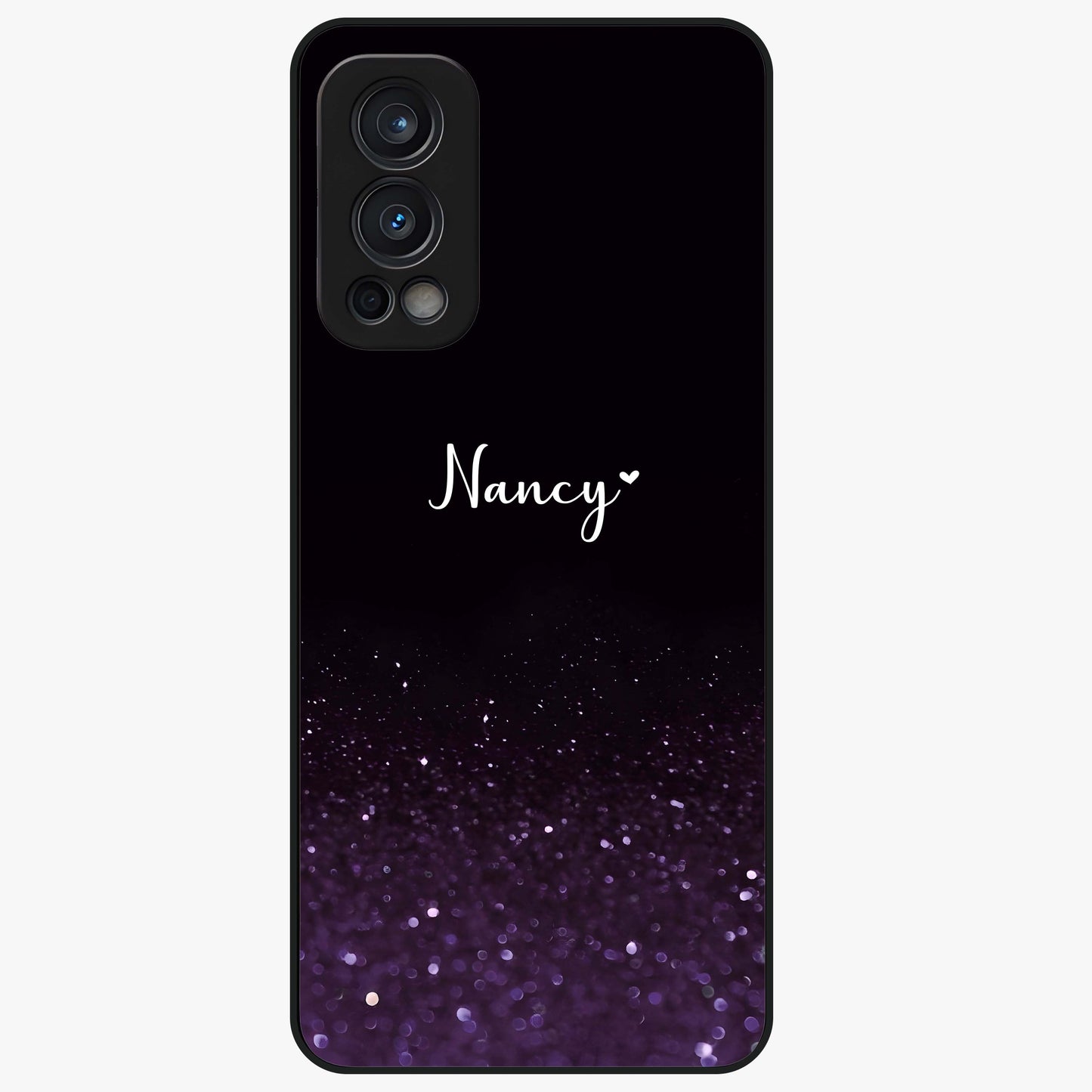 Glittery Purple Bokeh Custom Name Glass Case showing flat back view with purple bokeh sparkle artwork and personalized name design.