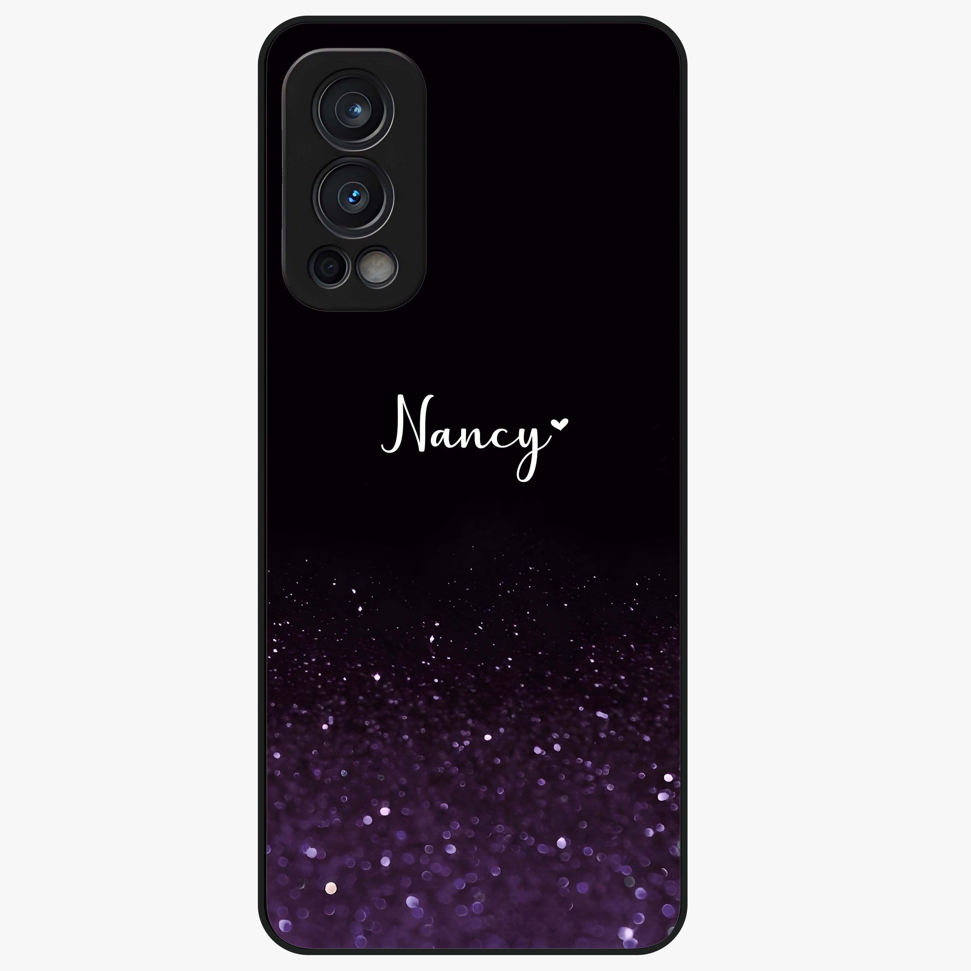 Glittery Purple Bokeh Custom Name Glass Case showing flat back view with purple bokeh sparkle artwork and personalized name design.