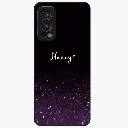 Glittery Purple Bokeh Custom Name Glass Case showing flat back view with purple bokeh sparkle artwork and personalized name design.