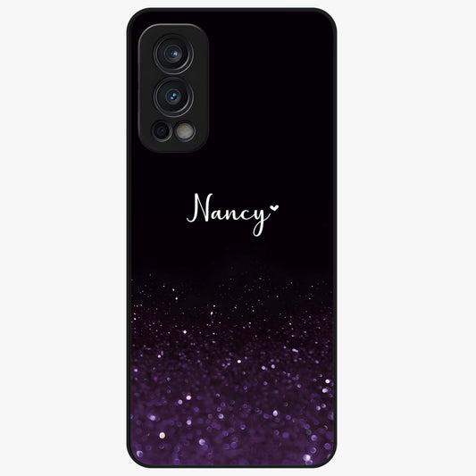 Glittery Purple Bokeh Custom Name Glass Case showing flat back view with purple bokeh sparkle artwork and personalized name design.
